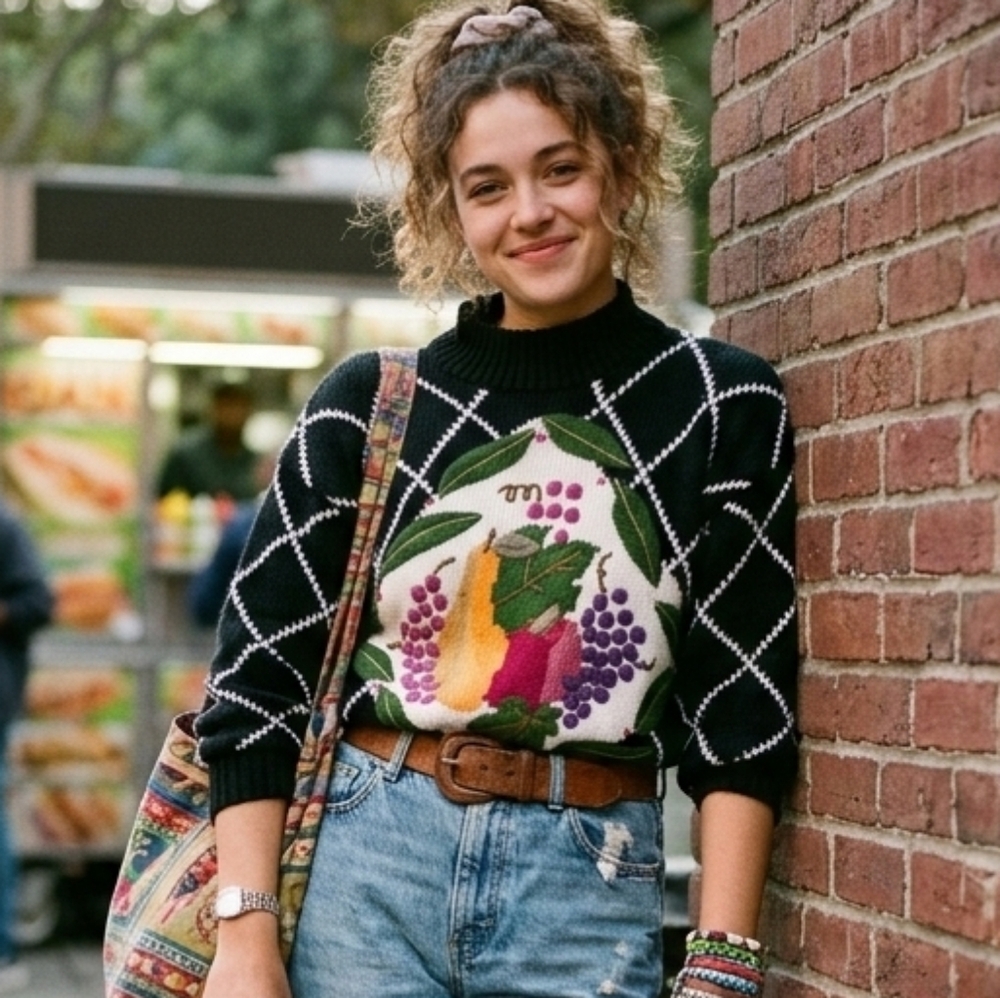 Knitting Needles S Vintage 90s Eclectic Artsy Cottagecore Intarsia Knit Sweater